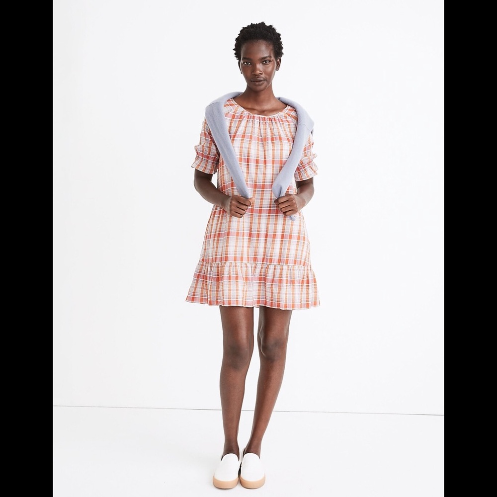 Madewell Plaid Ruffle-Sleeve Popover Mini‎ Dress